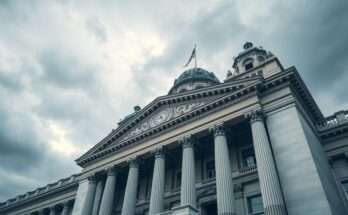 A legislative building exterior with cloudy skies, symbolising political challenges and decisions.