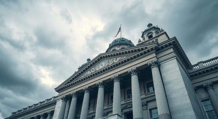 A legislative building exterior with cloudy skies, symbolising political challenges and decisions.