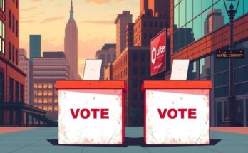 Couple of ballot boxes with a backdrop of New York skyline, showcasing democratic process and primary elections