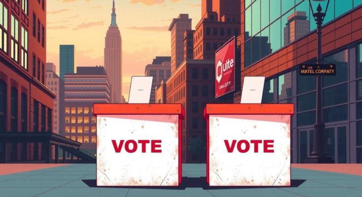 Couple of ballot boxes with a backdrop of New York skyline, showcasing democratic process and primary elections