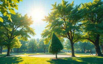 Tineret bucurându-se de o dimineață însorită într-un parc, cu copaci verzi și cer albastru, atmosfera este relaxantă.