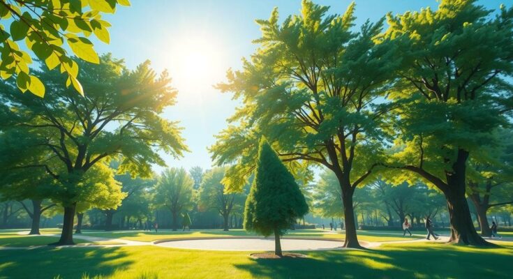 Tineret bucurându-se de o dimineață însorită într-un parc, cu copaci verzi și cer albastru, atmosfera este relaxantă.