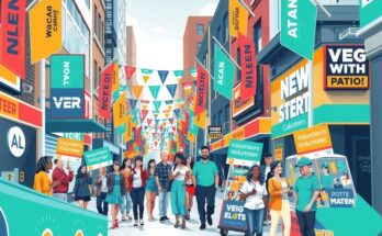 Active city scene showing vibrant campaign energy with volunteers, social media presence, and community engagement.