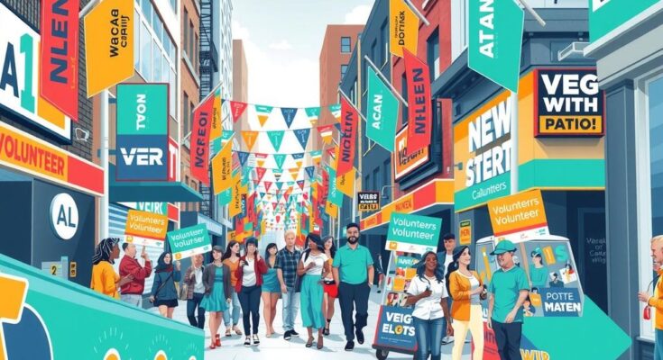 Active city scene showing vibrant campaign energy with volunteers, social media presence, and community engagement.