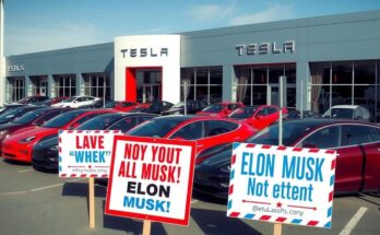 Tesla dealership reflecting divided political opinions with electric cars and protest signs in a vibrant setting.