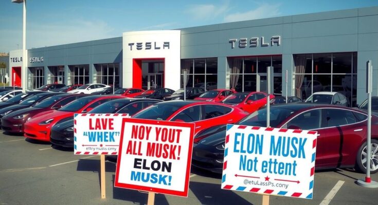 Tesla dealership reflecting divided political opinions with electric cars and protest signs in a vibrant setting.