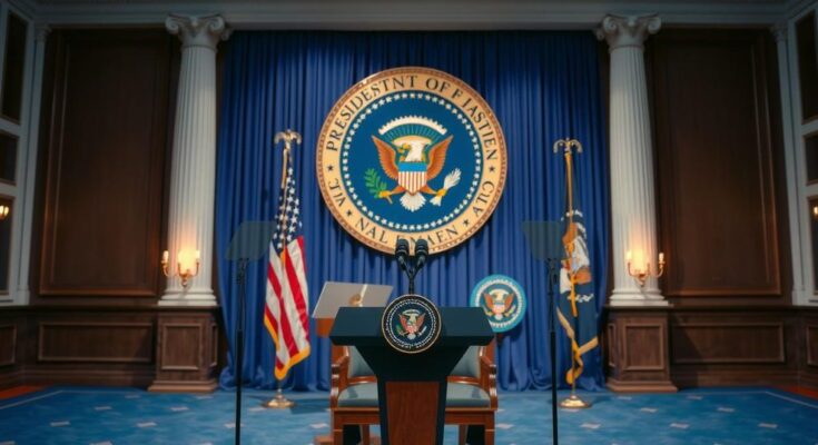 Conférence de presse à la Maison Blanche avec un fond américain et des objets officiels, en mode politique.