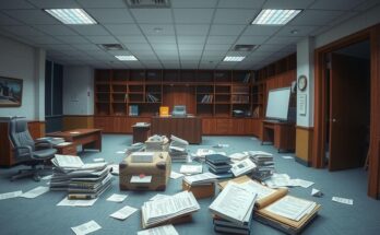Kantor kosong dengan dokumen dan berkas berserakan, melambangkan perubahan drastis dalam lembaga pemerintah.