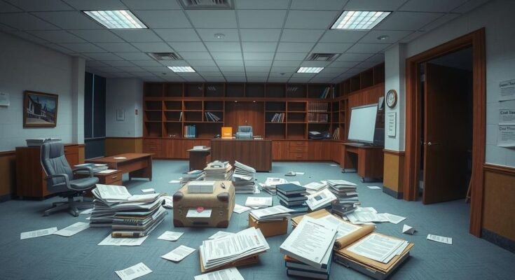 Kantor kosong dengan dokumen dan berkas berserakan, melambangkan perubahan drastis dalam lembaga pemerintah.
