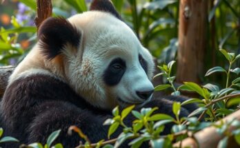 Panda in a zoo surrounded by greenery, portraying soft power and political ambivalence in a serene atmosphere.