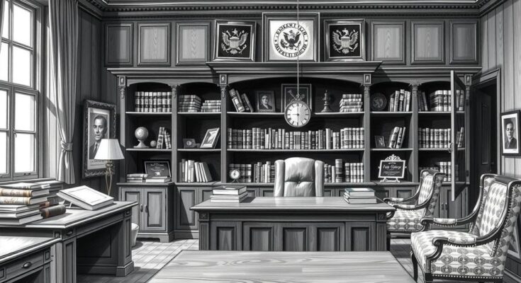 Иллюстрация, изображающая кабинет губернатора, книги по праву, черно-белые тона, стиль реализма.