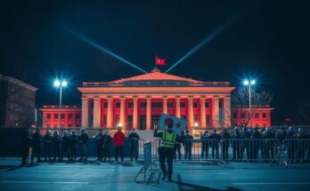 Pemandangan gedung parlemen Korea Selatan di malam hari selama ketegangan politik dan demonstrasi.
