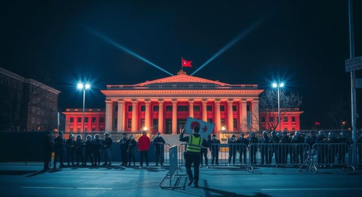 Pemandangan gedung parlemen Korea Selatan di malam hari selama ketegangan politik dan demonstrasi.