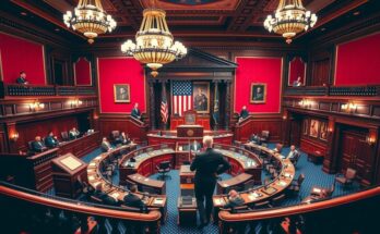 Débat au Sénat américain sur la législation de Trump avec des drapeaux en arrière-plan.