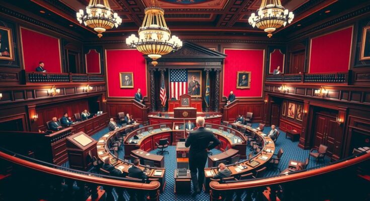 Débat au Sénat américain sur la législation de Trump avec des drapeaux en arrière-plan.