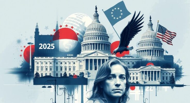Символичен колаж на политически динамики от Вашингтон за 2025.