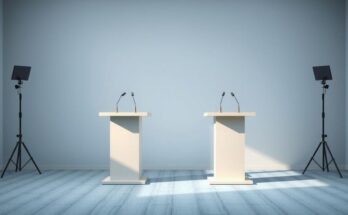 Due figure politiche in un'intervista televisiva, un ambiente formale con sfondo neutro.