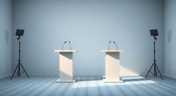 Due figure politiche in un'intervista televisiva, un ambiente formale con sfondo neutro.