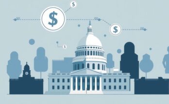 A conceptual representation of budget cuts with abstract symbols of finance and governmental structure in muted colours.