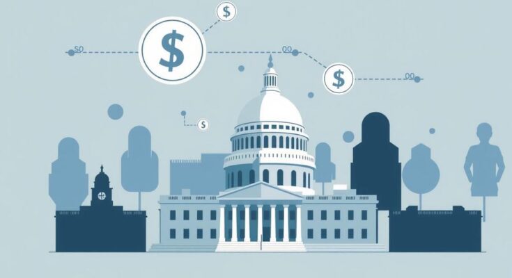 A conceptual representation of budget cuts with abstract symbols of finance and governmental structure in muted colours.