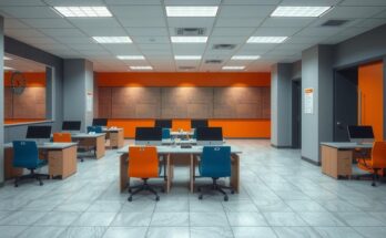 Ilustrasi kantor pemerintahan dengan warna abu-abu dan oranye, menggambarkan perubahan organisasi besar.