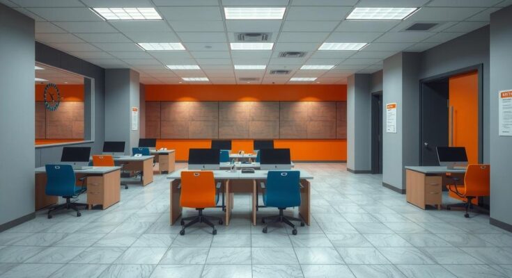 Ilustrasi kantor pemerintahan dengan warna abu-abu dan oranye, menggambarkan perubahan organisasi besar.
