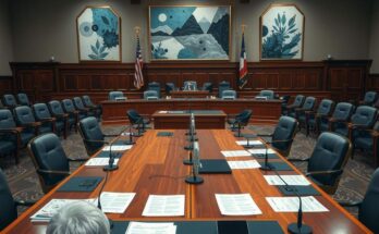 Congressional hearing with a large wooden table and microphones set for discussions on monetary policy.