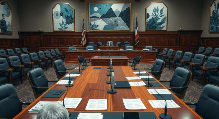 Congressional hearing with a large wooden table and microphones set for discussions on monetary policy.