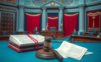 Ilustrasi perdebatan politik di gedung legislatif dengan elemen visual senada warna biru dan merah.