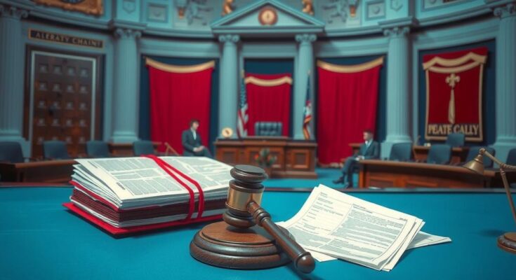 Ilustrasi perdebatan politik di gedung legislatif dengan elemen visual senada warna biru dan merah.