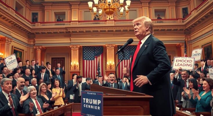 Конгресс США, Трамп выступает, республиканцы аплодируют, демоакраты протестуют