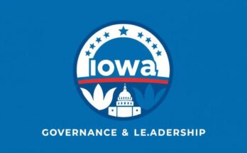 Rappresentazione politica in Iowa, con un simbolo di campagna elettorale e uno sfondo blu.