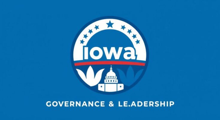 Rappresentazione politica in Iowa, con un simbolo di campagna elettorale e uno sfondo blu.