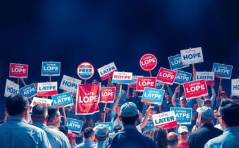 Réunion politique dynamique avec des bannières de campagne en bleu, symbole de la lutte électorale à Virginia.