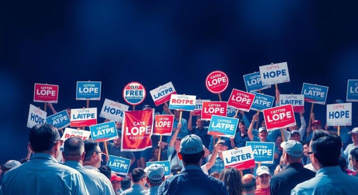Réunion politique dynamique avec des bannières de campagne en bleu, symbole de la lutte électorale à Virginia.