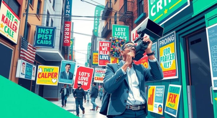Un candidat politique pratique une campagne dynamique avec des vidéos engageantes en milieu urbain.