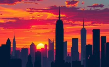 A vibrant city skyline at sunset, symbolising political change and hope, using dynamic colour contrasts.