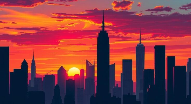 A vibrant city skyline at sunset, symbolising political change and hope, using dynamic colour contrasts.