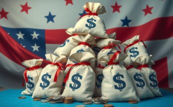 Summit of money bags representing GOP fundraising success for future elections.
