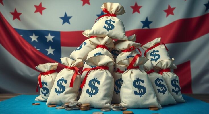 Summit of money bags representing GOP fundraising success for future elections.