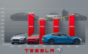 Vânzări scăzute de автомобile electrice, un grafic cu tendințe descrescătoare, fundal de produse Tesla și concurență crescută.