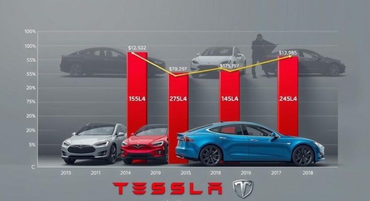 Vânzări scăzute de автомобile electrice, un grafic cu tendințe descrescătoare, fundal de produse Tesla și concurență crescută.