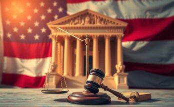 A divided Supreme Court with symbolic scales representing justice, backdrop of an American flag and judicial gavel, warm tones