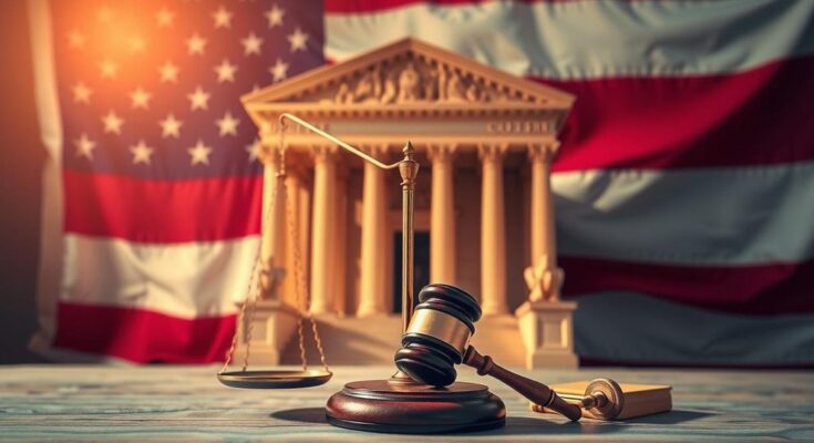 A divided Supreme Court with symbolic scales representing justice, backdrop of an American flag and judicial gavel, warm tones