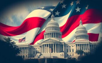 Konstruksi demokrasi Amerika yang kuat dengan simbol Konstitusi, bangunan pemerintahan, dan latar belakang merah, putih, biru.