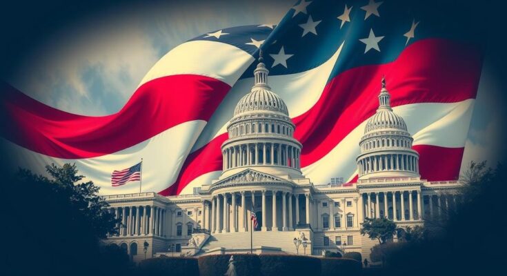 Konstruksi demokrasi Amerika yang kuat dengan simbol Konstitusi, bangunan pemerintahan, dan latar belakang merah, putih, biru.