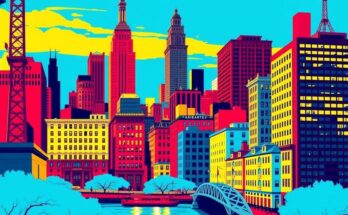 Un vibrant paysage urbain de New York avec des bâtiments emblématiques, enrichi de couleurs dynamiques, évoquant l'énergie politique.