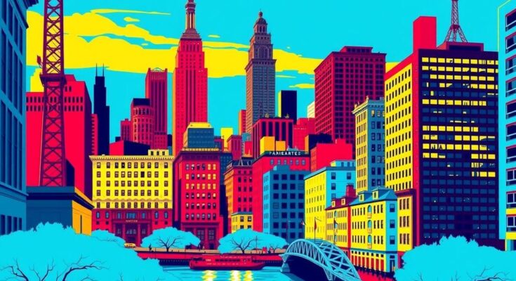 Un vibrant paysage urbain de New York avec des bâtiments emblématiques, enrichi de couleurs dynamiques, évoquant l'énergie politique.