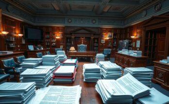 Senate Republicans strategising amidst piles of documents and budget reports in a legislative office setting.