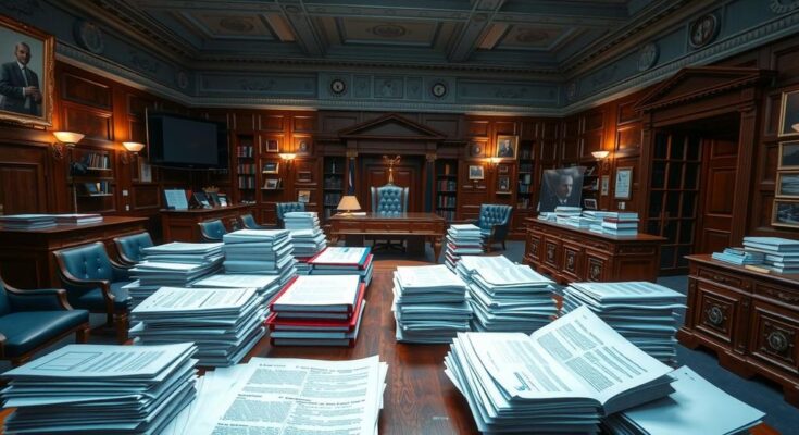 Senate Republicans strategising amidst piles of documents and budget reports in a legislative office setting.